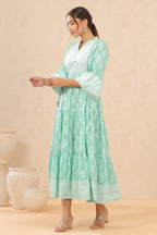 Juniper Womens Mint Cambric Printed Tiered Dress With Flared Sleeve | Grocsy
