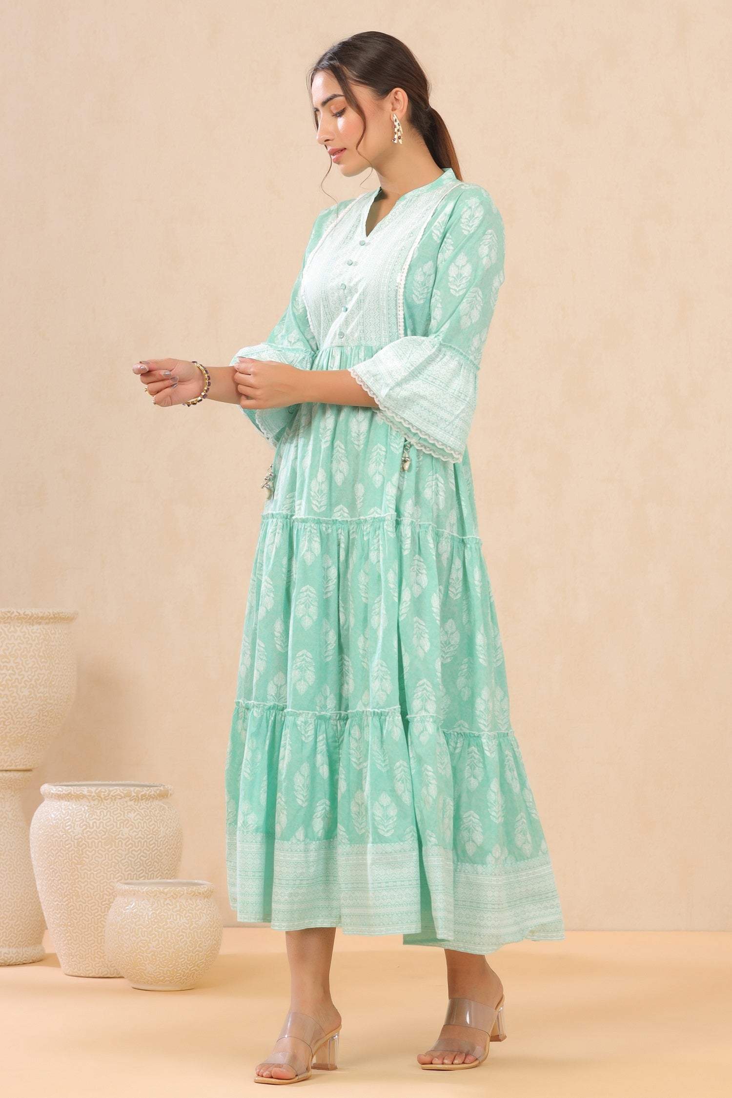 Juniper Womens Mint Cambric Printed Tiered Dress With Flared Sleeve | Grocsy