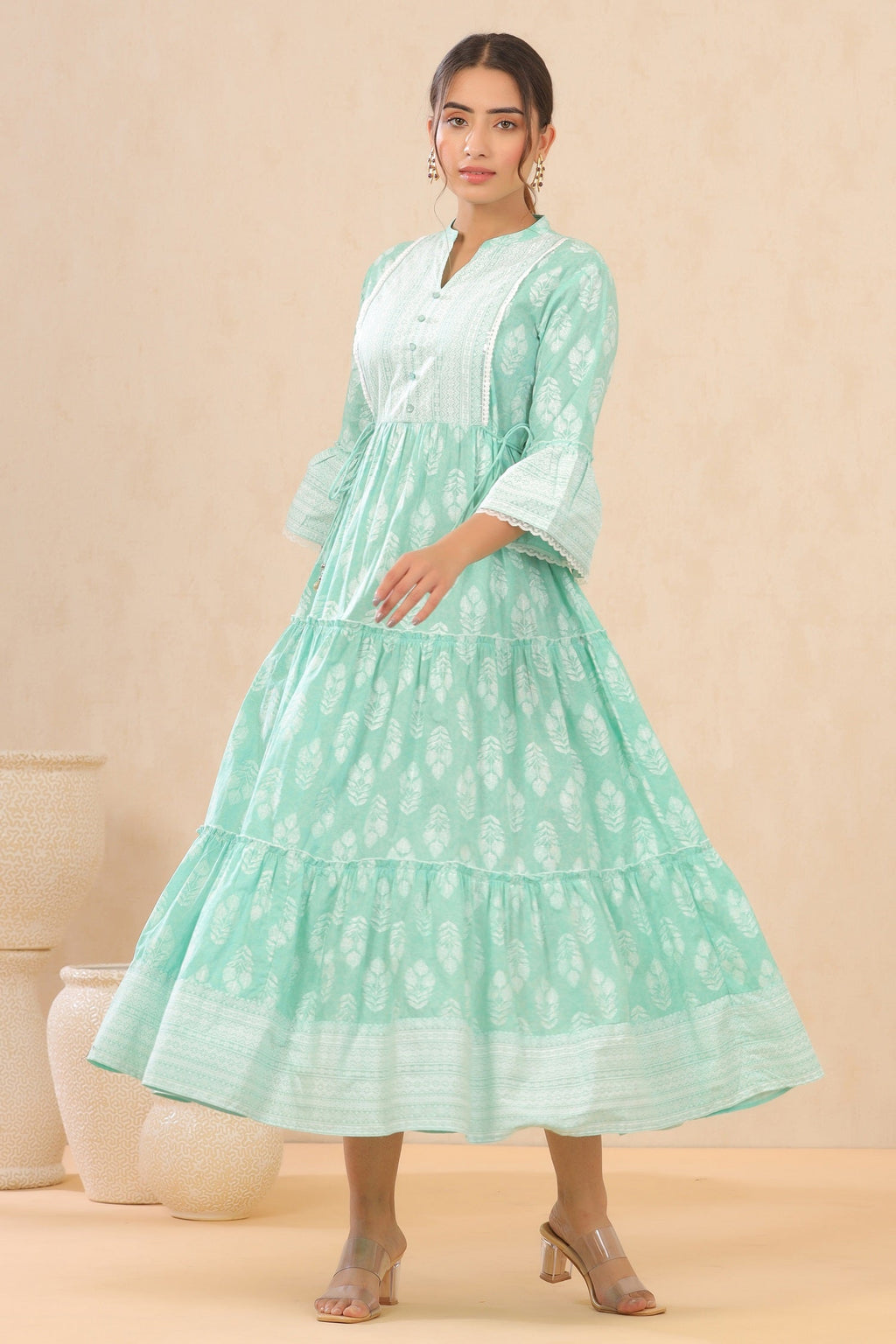 Juniper Womens Mint Cambric Printed Tiered Dress With Flared Sleeve | Grocsy