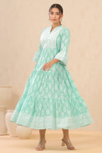Juniper Womens Mint Cambric Printed Tiered Dress With Flared Sleeve | Grocsy