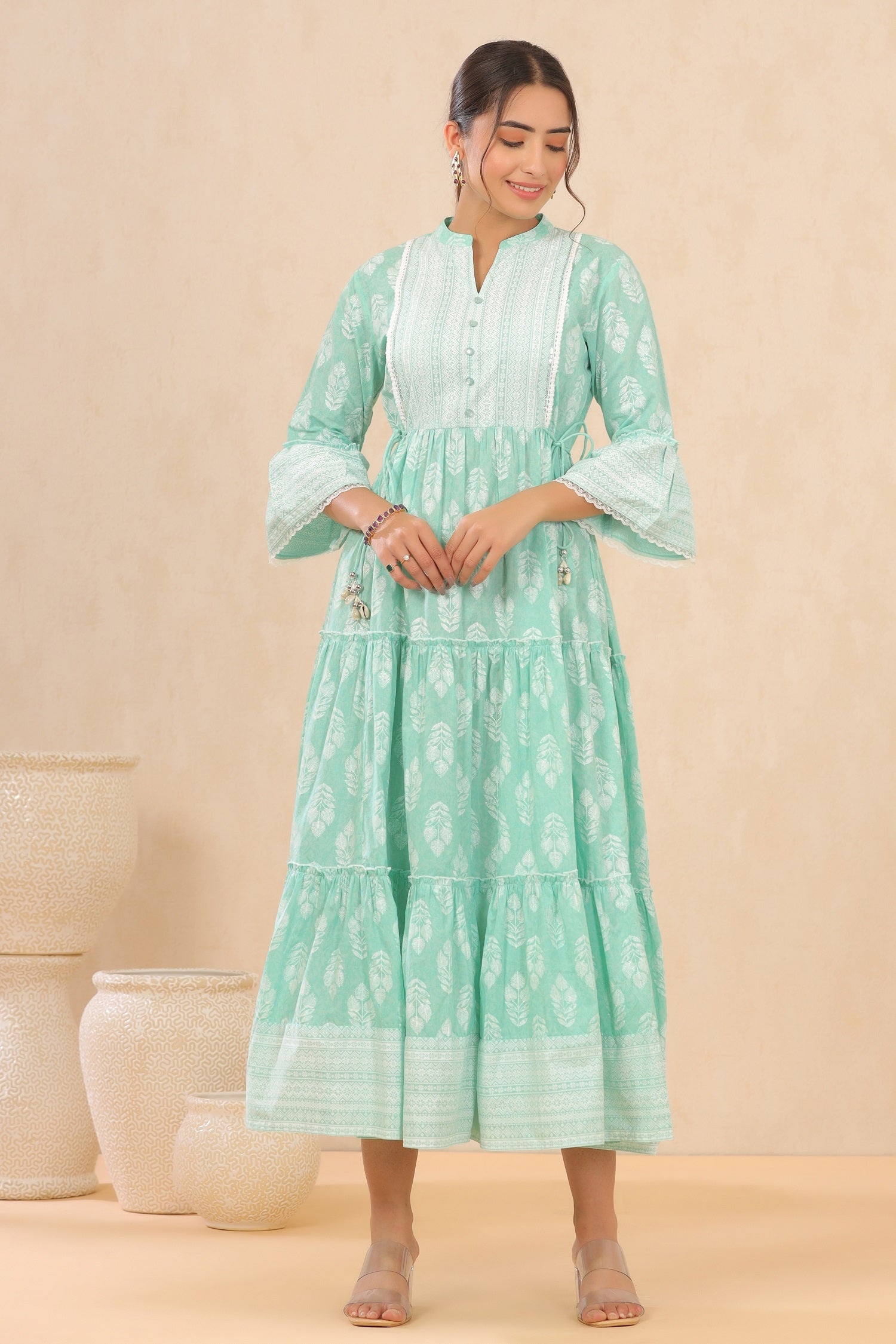 Juniper Womens Mint Cambric Printed Tiered Dress With Flared Sleeve | Grocsy