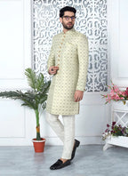 Raivat Ethnic Mens Jacquard Silk Embroidery Indo Western In Pista Green Colour | Grocsy