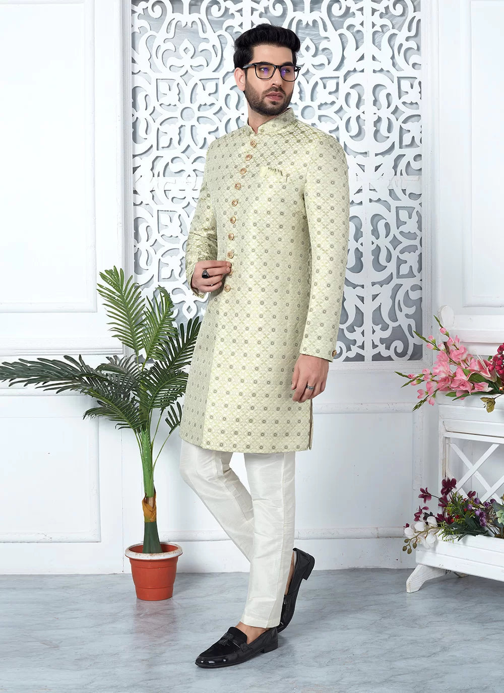 Raivat Ethnic Mens Jacquard Silk Embroidery Indo Western In Pista Green Colour | Grocsy