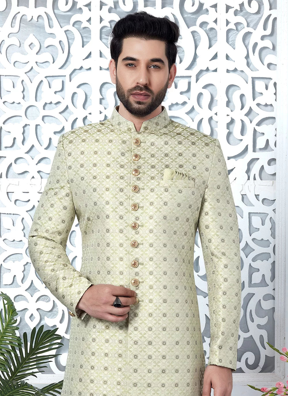 Raivat Ethnic Mens Jacquard Silk Embroidery Indo Western In Pista Green Colour | Grocsy