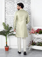 Raivat Ethnic Mens Jacquard Silk Embroidery Indo Western In Pista Green Colour | Grocsy