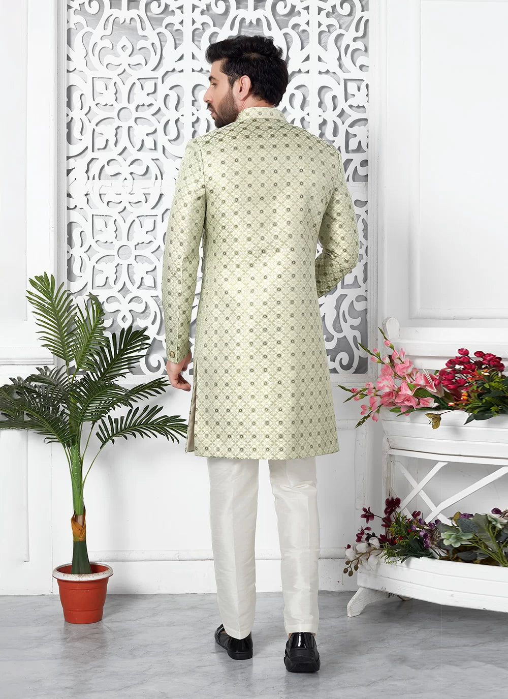 Raivat Ethnic Mens Jacquard Silk Embroidery Indo Western In Pista Green Colour | Grocsy
