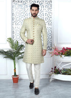 Raivat Ethnic Mens Jacquard Silk Embroidery Indo Western In Pista Green Colour | Grocsy