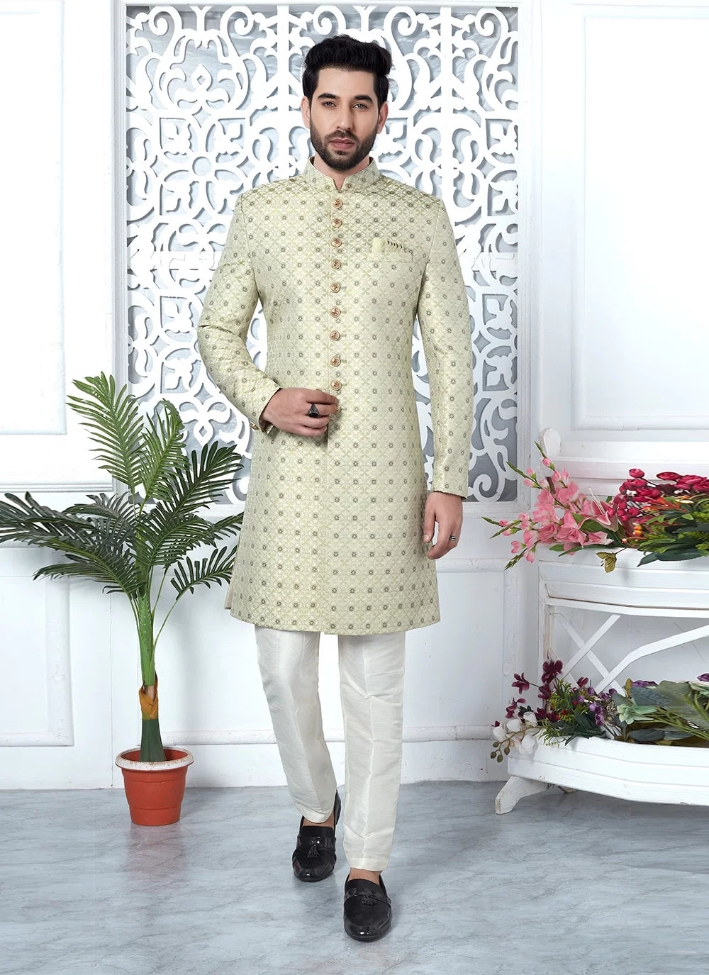 Raivat Ethnic Mens Jacquard Silk Embroidery Indo Western In Pista Green Colour | Grocsy