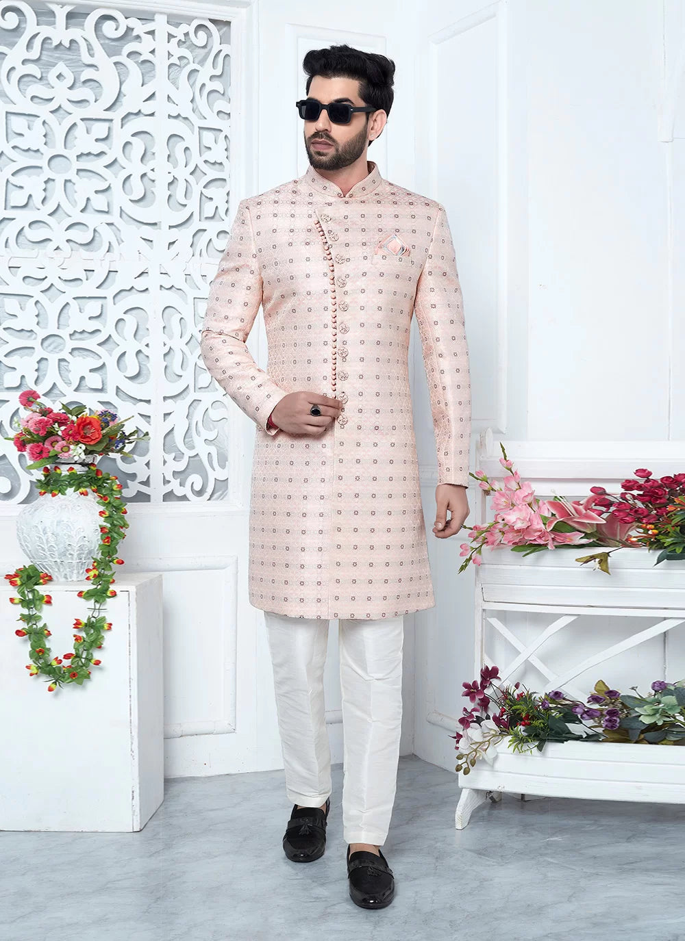 Raivat Ethnic Mens Jacquard Silk Embroidery Indo Western In Pink Colour | Grocsy