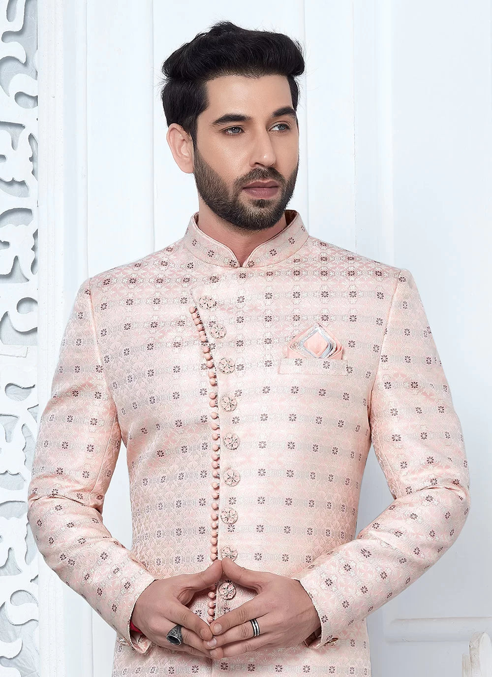 Raivat Ethnic Mens Jacquard Silk Embroidery Indo Western In Pink Colour | Grocsy