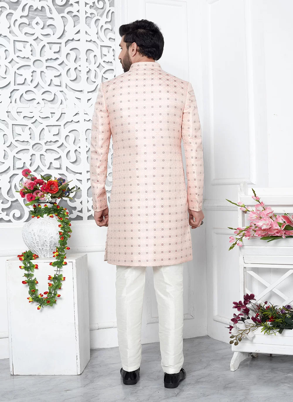 Raivat Ethnic Mens Jacquard Silk Embroidery Indo Western In Pink Colour | Grocsy