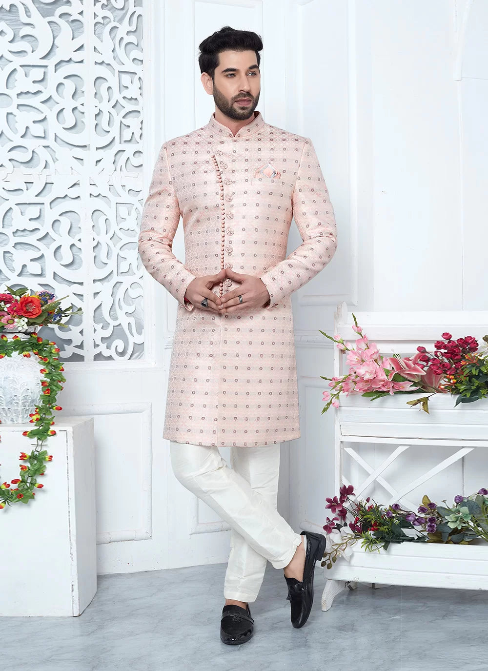 Raivat Ethnic Mens Jacquard Silk Embroidery Indo Western In Pink Colour | Grocsy