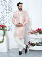 Raivat Ethnic Mens Jacquard Silk Embroidery Indo Western In Pink Colour | Grocsy