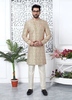 Raivat Ethnic Mens Jacquard Silk Embroidery Indo Western In Peach Colour | Grocsy