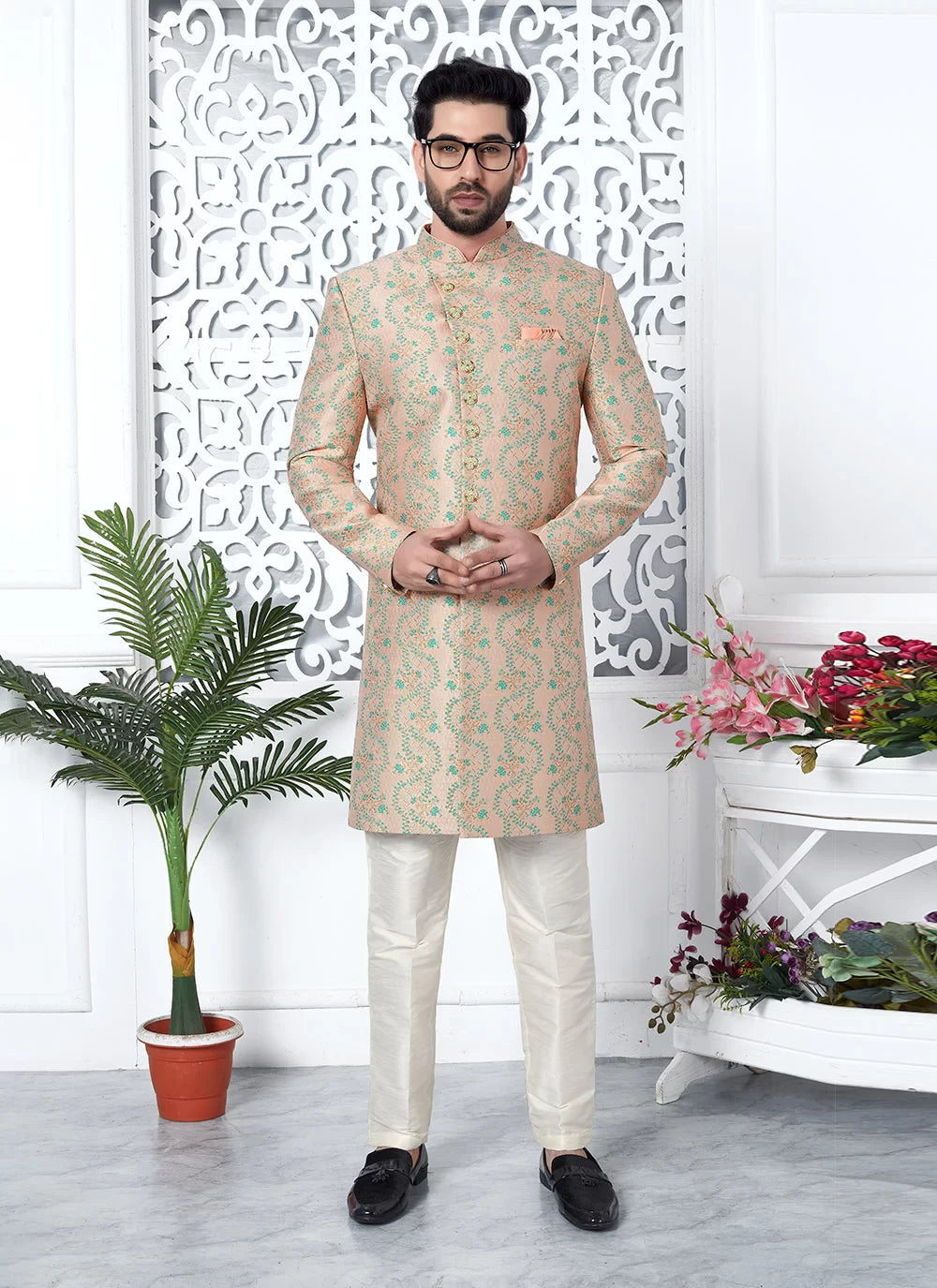 Raivat Ethnic Mens Jacquard Silk Embroidery Indo Western In Peach Colour | Grocsy