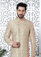 Raivat Ethnic Mens Jacquard Silk Embroidery Indo Western In Peach Colour | Grocsy