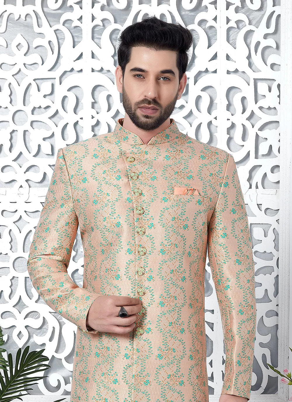 Raivat Ethnic Mens Jacquard Silk Embroidery Indo Western In Peach Colour | Grocsy