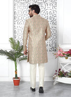 Raivat Ethnic Mens Jacquard Silk Embroidery Indo Western In Peach Colour | Grocsy