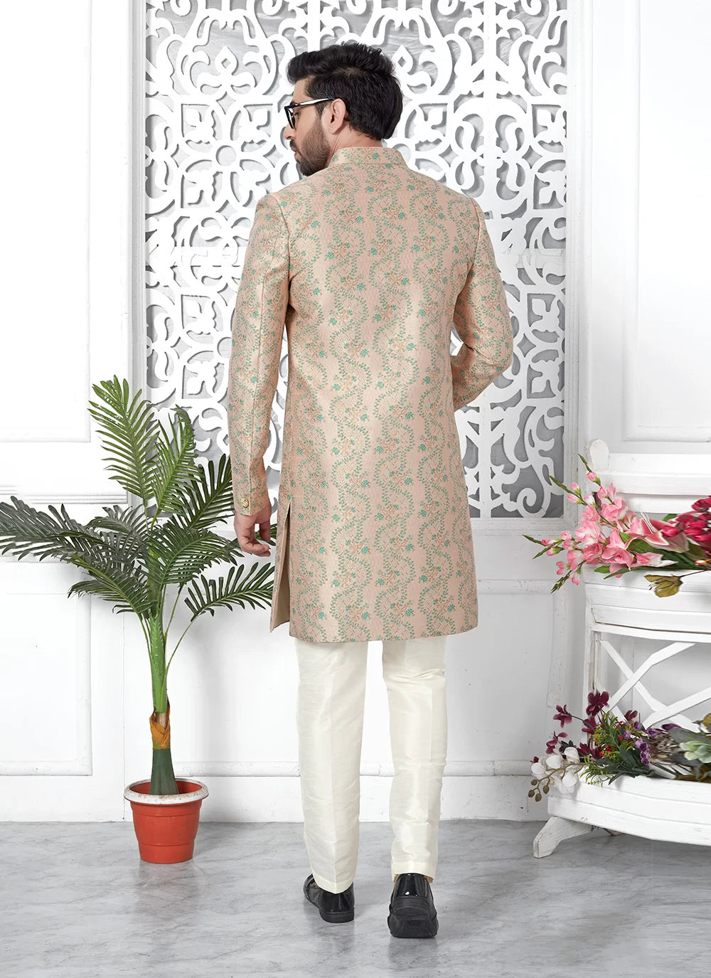 Raivat Ethnic Mens Jacquard Silk Embroidery Indo Western In Peach Colour | Grocsy
