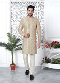 Raivat Ethnic Mens Jacquard Silk Embroidery Indo Western In Peach Colour | Grocsy