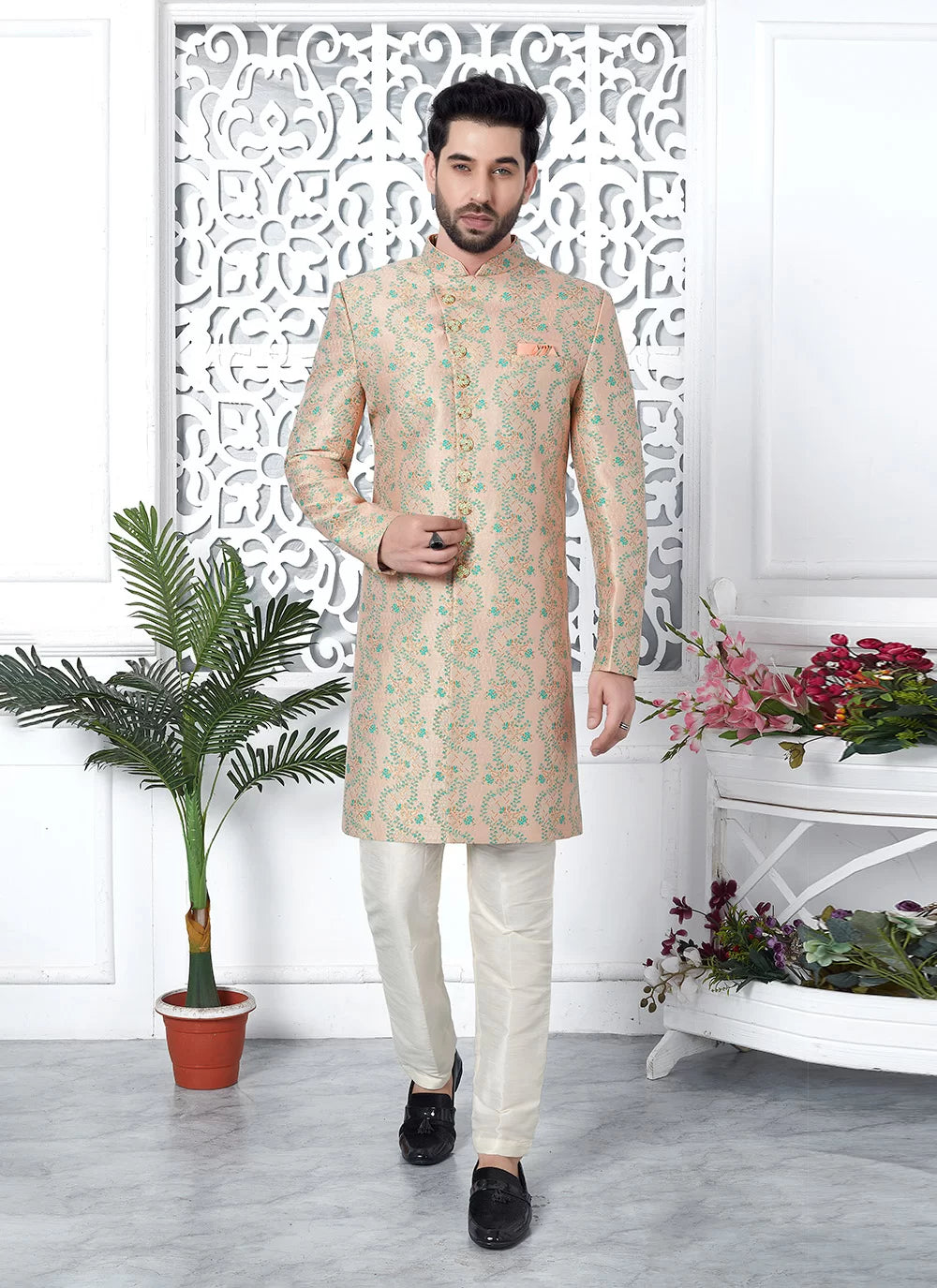 Raivat Ethnic Mens Jacquard Silk Embroidery Indo Western In Peach Colour | Grocsy