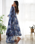 Lorenvalley Navyblue Soft Organza Silk With Marble Print Anarkali Pant With Dupatta Set | Grocsy