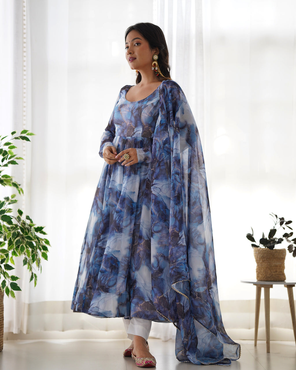 Lorenvalley Navyblue Soft Organza Silk With Marble Print Anarkali Pant With Dupatta Set | Grocsy