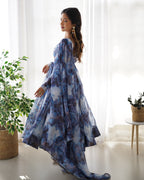 Lorenvalley Navyblue Soft Organza Silk With Marble Print Anarkali Pant With Dupatta Set | Grocsy