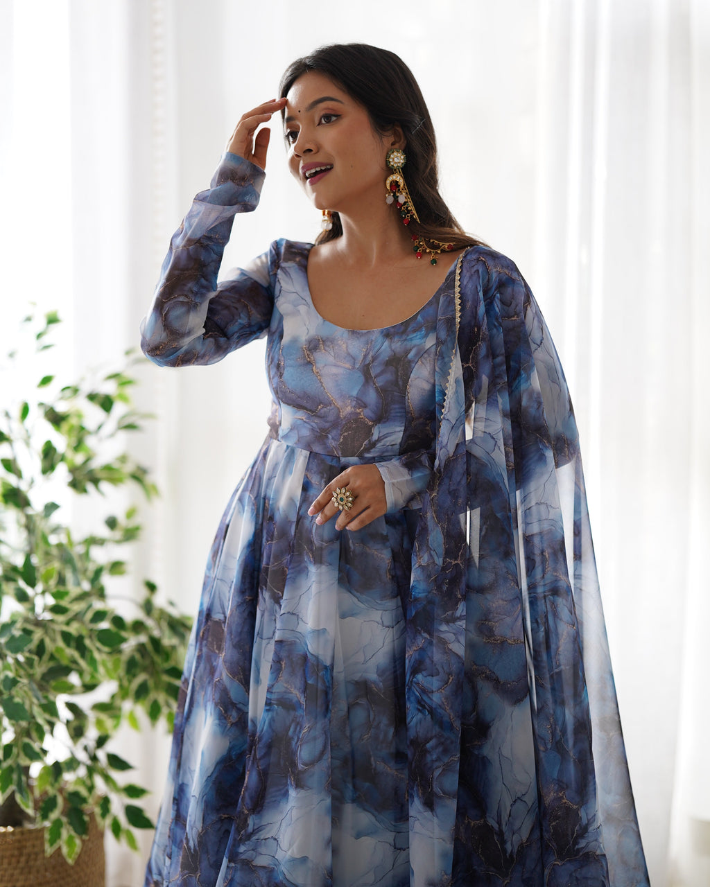 Lorenvalley Navyblue Soft Organza Silk With Marble Print Anarkali Pant With Dupatta Set | Grocsy