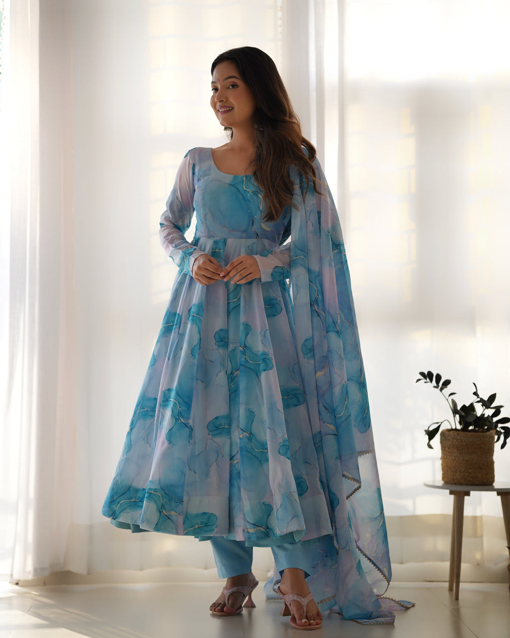 Lorenvalley Navyblue Soft Organza Silk With Marble Print Anarkali Pant With Dupatta Set | Grocsy