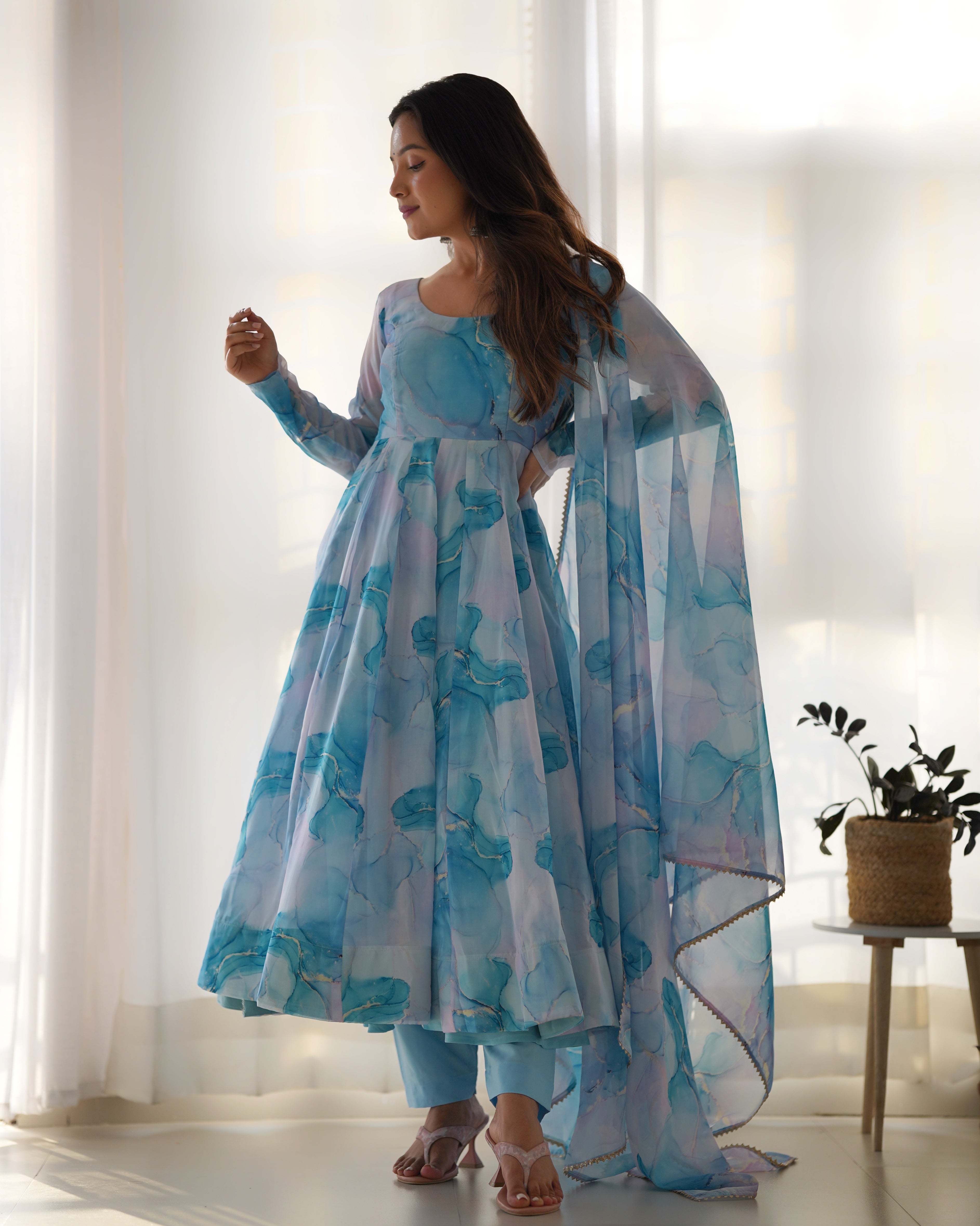 Lorenvalley Navyblue Soft Organza Silk With Marble Print Anarkali Pant With Dupatta Set | Grocsy