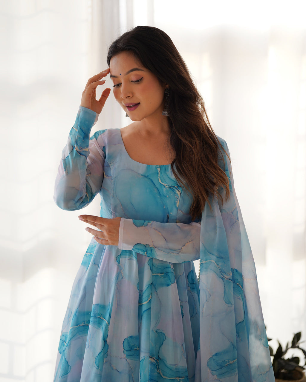 Lorenvalley Navyblue Soft Organza Silk With Marble Print Anarkali Pant With Dupatta Set | Grocsy