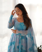 Lorenvalley Navyblue Soft Organza Silk With Marble Print Anarkali Pant With Dupatta Set | Grocsy