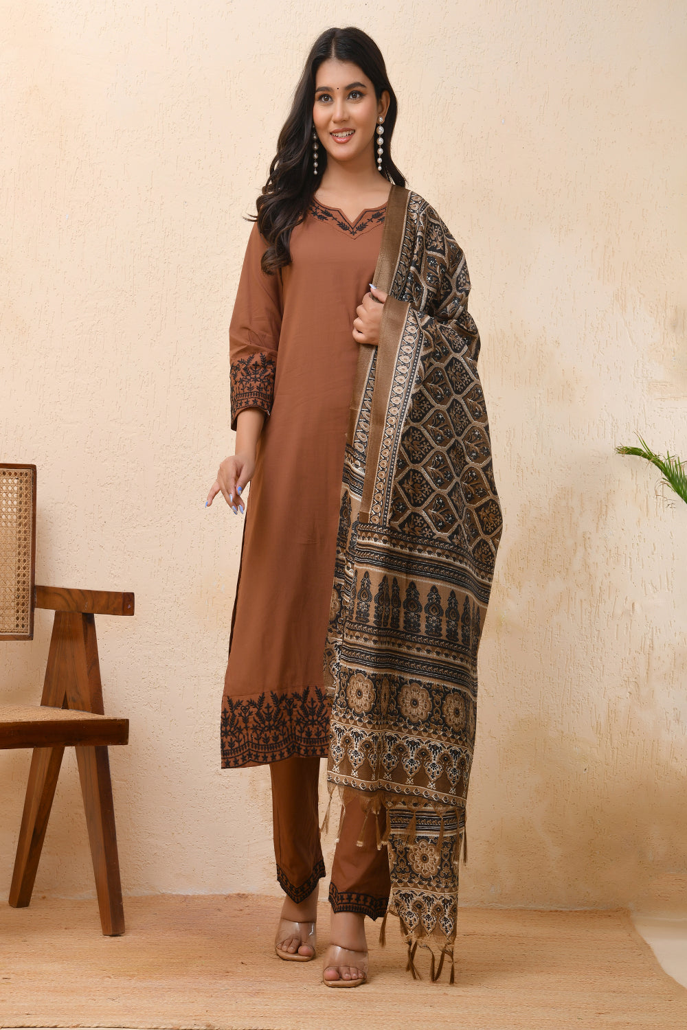 Vaasva Women Brown Embroidered Suit Set | Grocsy