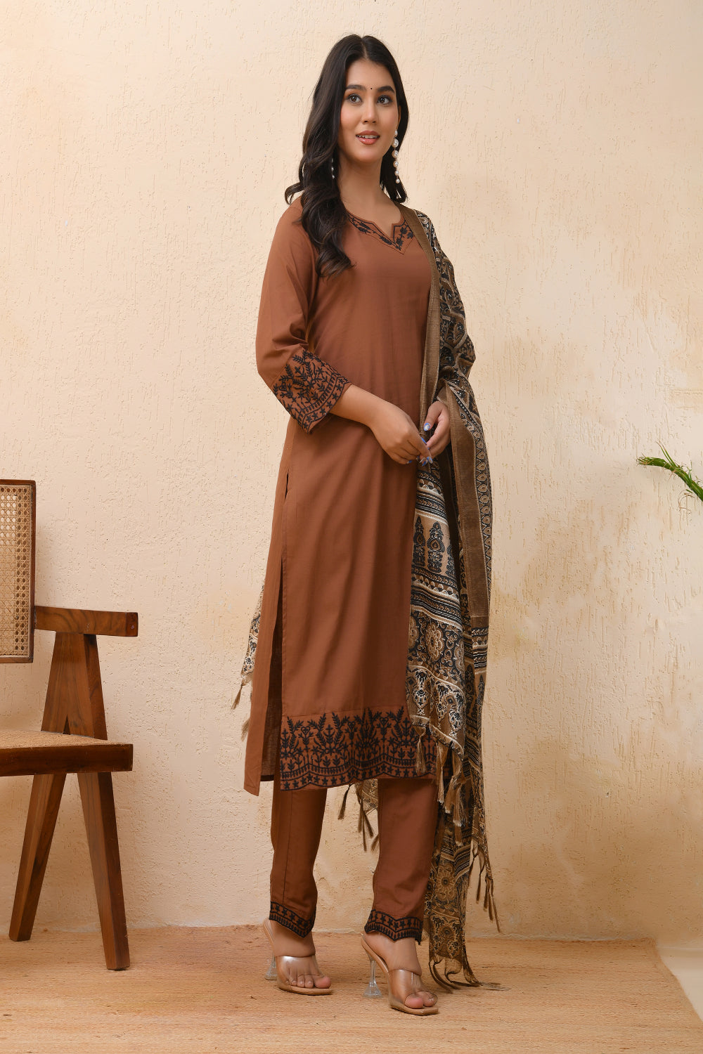 Vaasva Women Brown Embroidered Suit Set | Grocsy