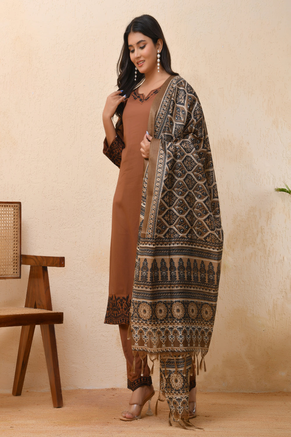 Vaasva Women Brown Embroidered Suit Set | Grocsy