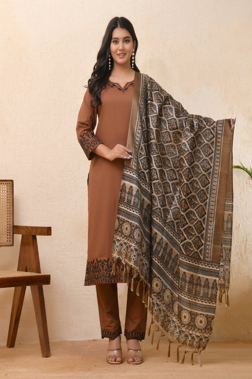 Vaasva Women Brown Embroidered Suit Set | Grocsy