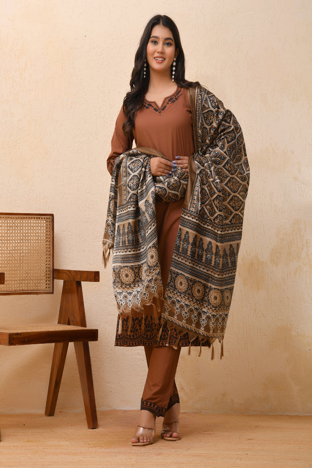 Vaasva Women Brown Embroidered Suit Set | Grocsy