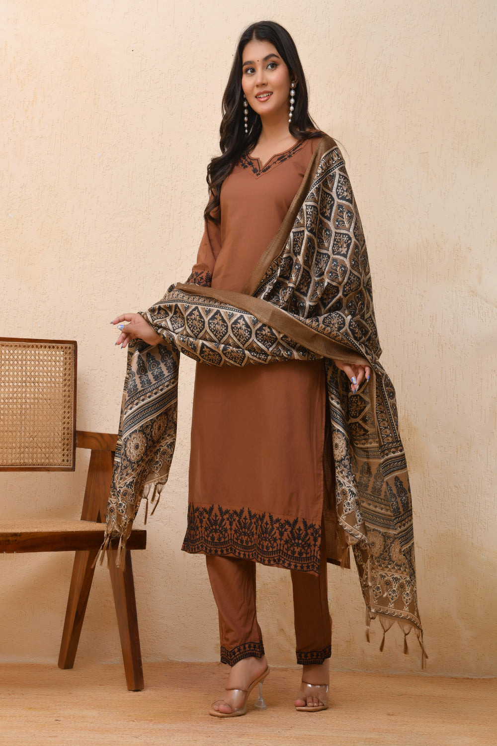 Vaasva Women Brown Embroidered Suit Set | Grocsy