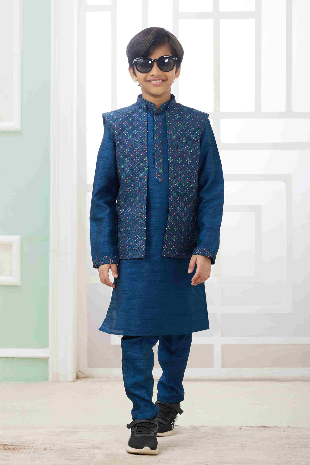 Raivat Ethnic Art Silk Embroidery Work 3 Pics Jacket Set In Teal Blue Colour | Grocsy