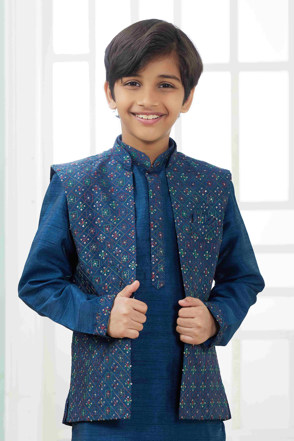 Raivat Ethnic Art Silk Embroidery Work 3 Pics Jacket Set In Teal Blue Colour | Grocsy