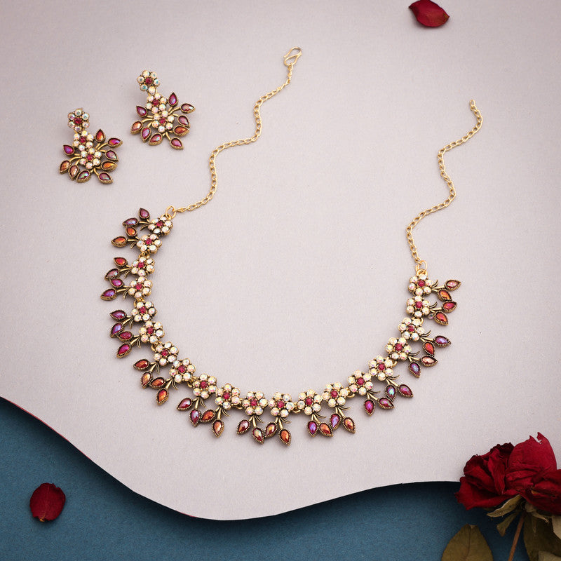 Tehzeeb Creations Gold-Polished Pink Colour Choker With Dangle Earrings | Grocsy