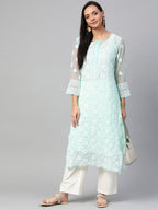 ADA Women Sea Green & White Chikankari Hand Embroidered Straight Sustainable Handloom Kurta | Grocsy