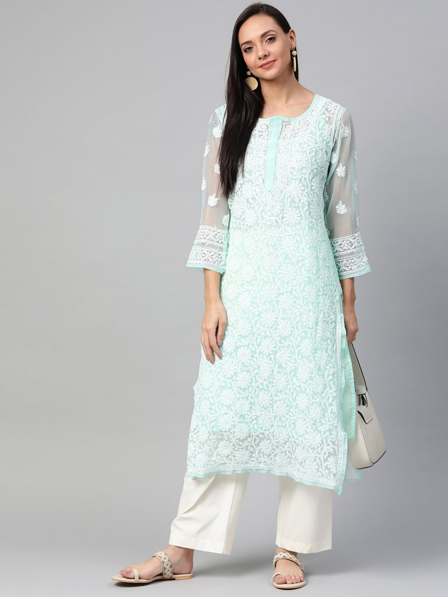 ADA Women Sea Green & White Chikankari Hand Embroidered Straight Sustainable Handloom Kurta | Grocsy