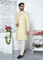 Raivat Ethnic Mens Art Silk Thread Work Indo Western In Yellow Colour | Grocsy