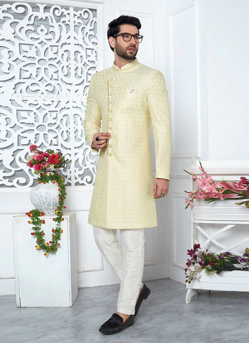 Raivat Ethnic Mens Art Silk Thread Work Indo Western In Yellow Colour | Grocsy