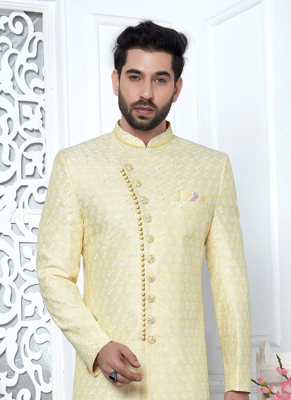 Raivat Ethnic Mens Art Silk Thread Work Indo Western In Yellow Colour | Grocsy