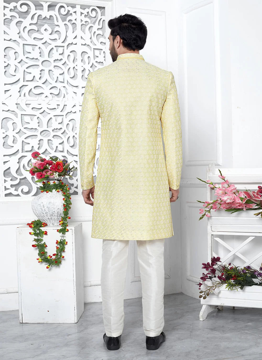 Raivat Ethnic Mens Art Silk Thread Work Indo Western In Yellow Colour | Grocsy