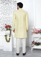 Raivat Ethnic Mens Art Silk Thread Work Indo Western In Yellow Colour | Grocsy