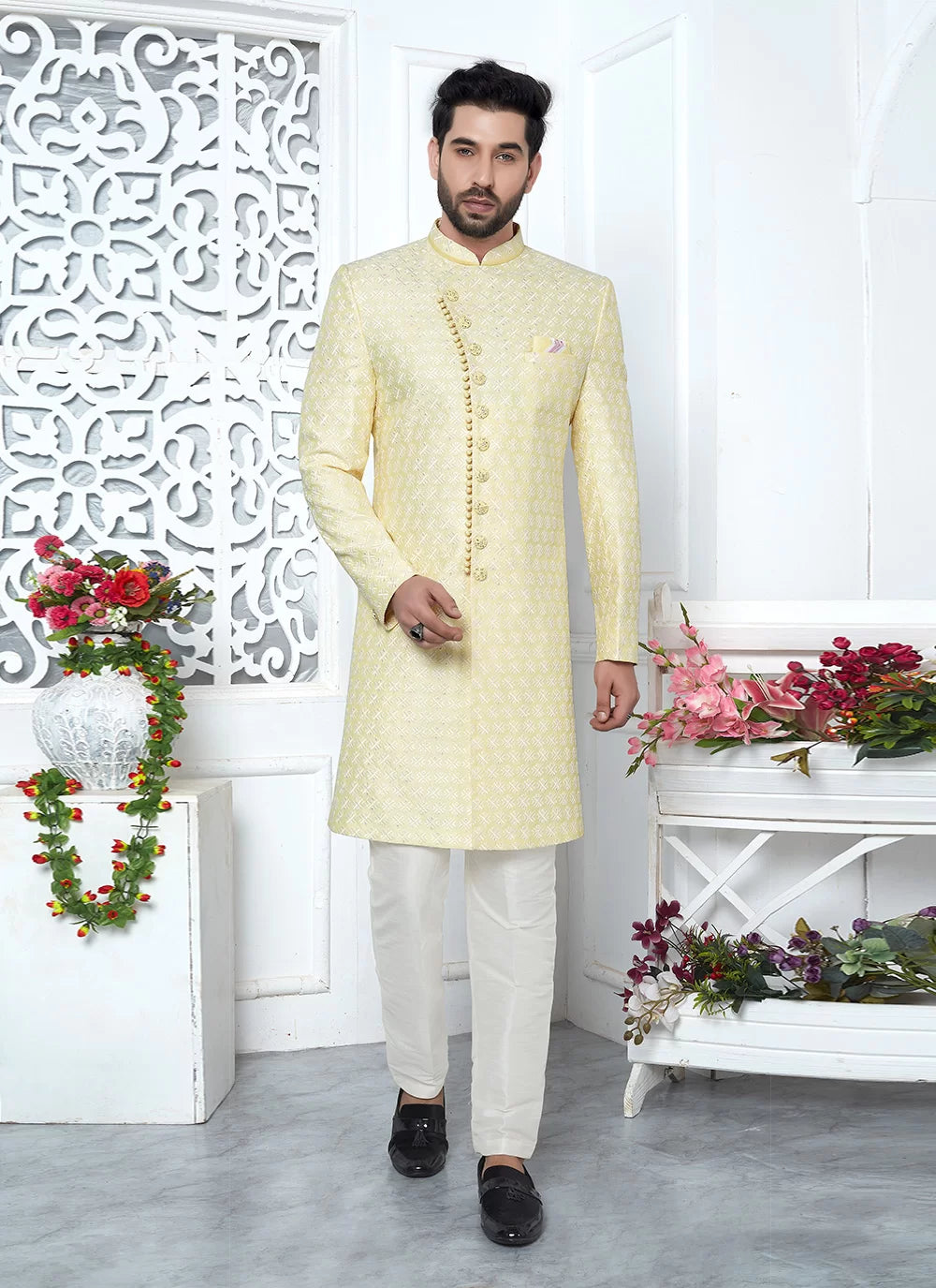 Raivat Ethnic Mens Art Silk Thread Work Indo Western In Yellow Colour | Grocsy